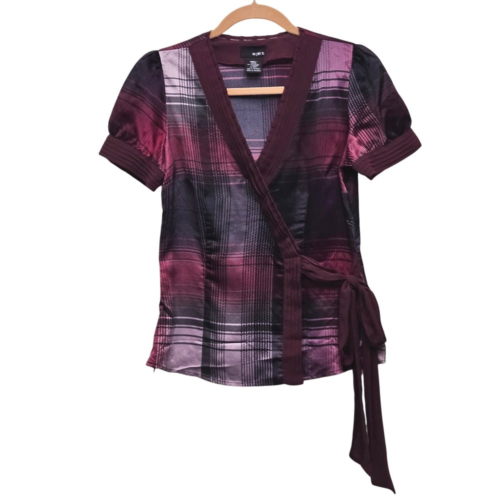 Mixit Blouse Burgundy Plaid Satin Faux Wrap Side Tie Puff Sleeve Top 90s Y2K S
